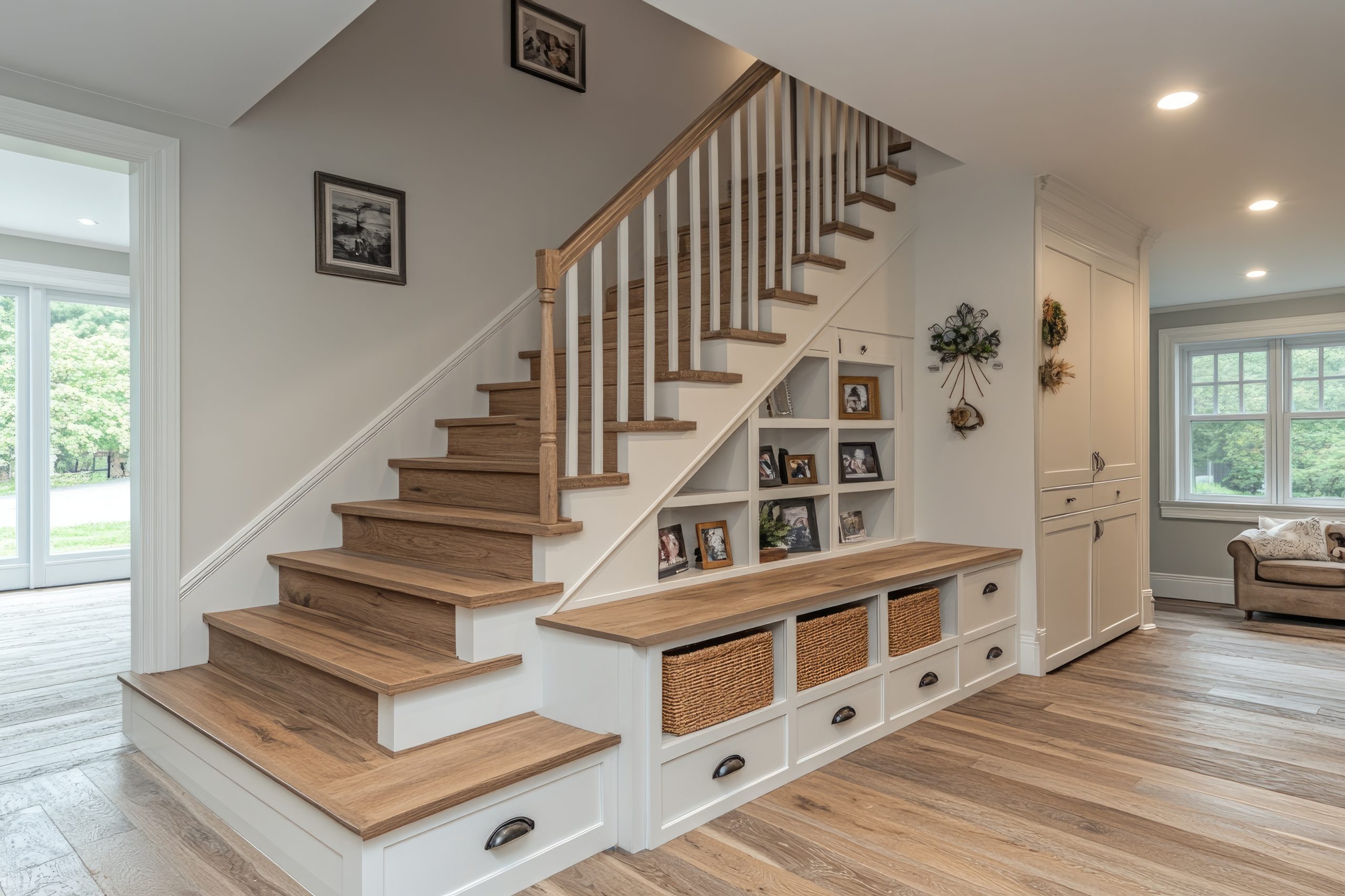 Interior Remodeling Ideas That Add Value to Your Home Custom staircase with built-in storage and cabinetry showcasing interior remodeling ideas that add value to a home.